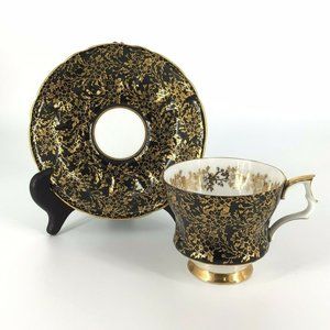 Royal Windsor Bone China Tea Cup Saucer Black Gold Gilt Limited Edition Coffee